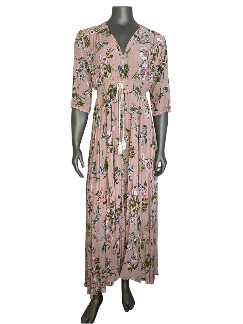Floral Maxi Dress 2XL Pink Button Down Rayon Wild Flower Flowy Summer Long Slit - Picture 4 of 16